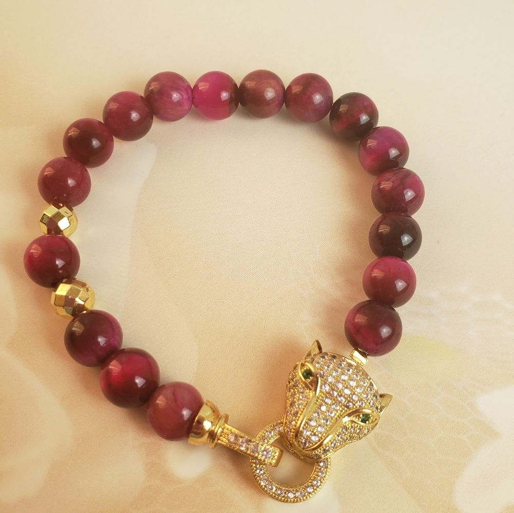 Handmade bracelet pink tiger eye & jagua head